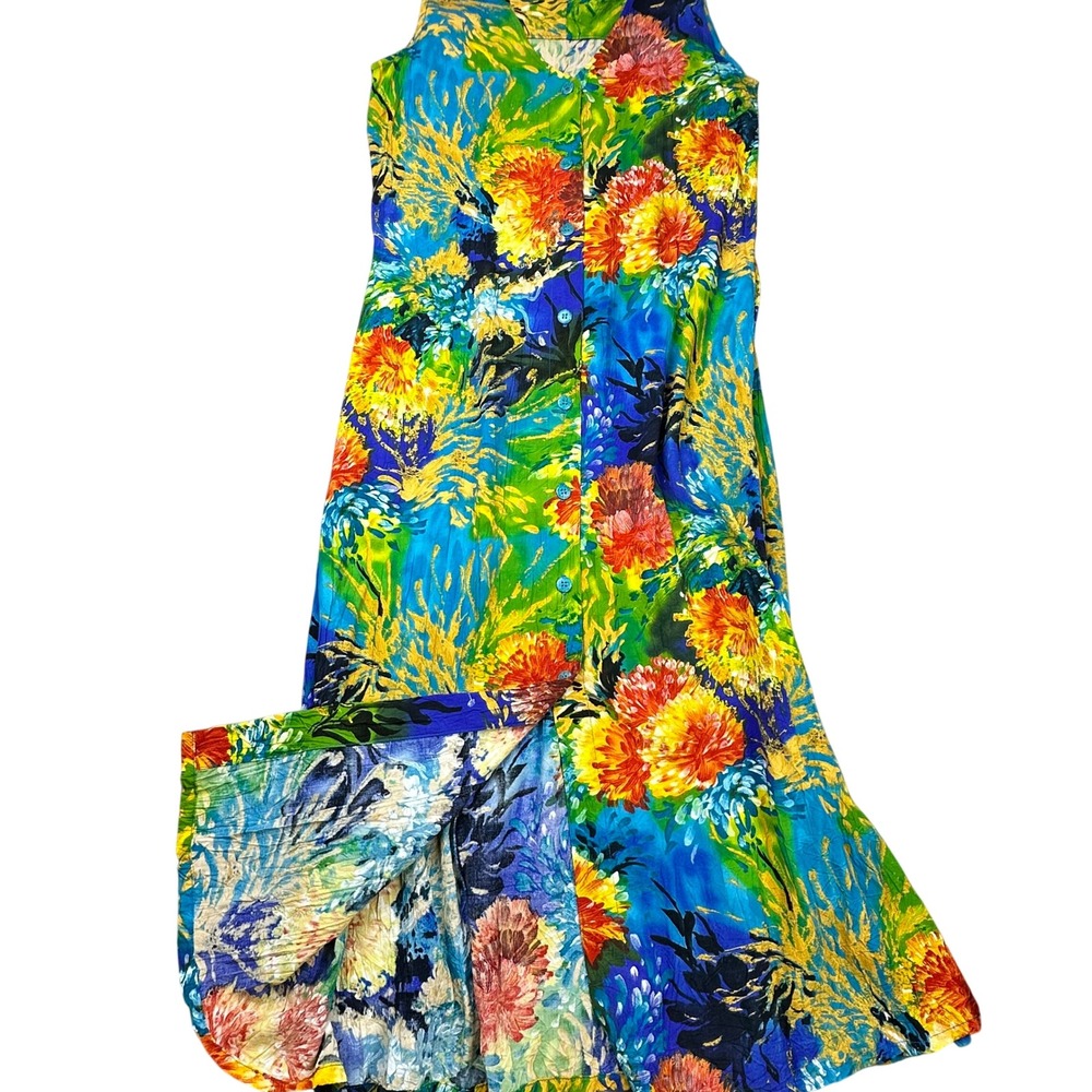 Jams World Sea Life 90s Vintage Sleeveless Maxi Dress Multi-Color Button Front S - Picture 14 of 16